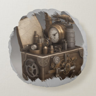 Almofada Redonda Máquina do Tempo Steampunk - Treasure Chest Vintag