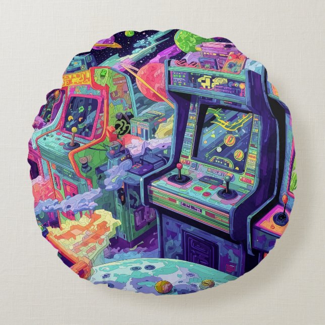 Almofada Redonda Máquinas de Arcade Retrô no Espaço (Frente)