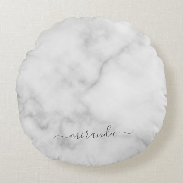Almofada Redonda Marble Branco de Nome Personalizado de Script Mode (Frente)