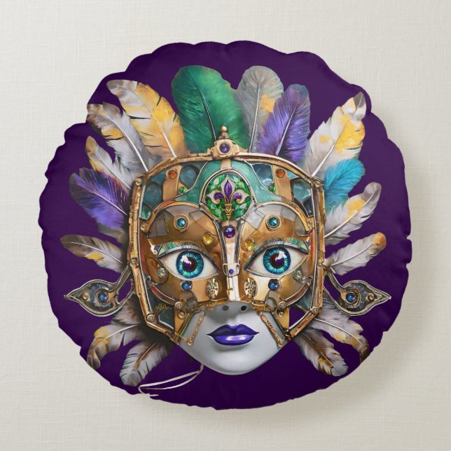 Almofada Redonda Mardi Gras Feather e Metal Mask (Frente)