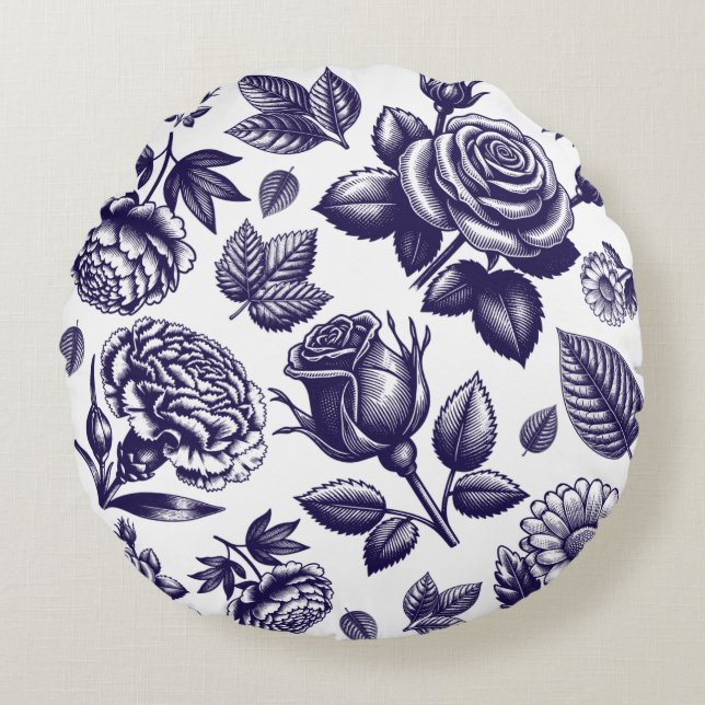 Almofada Redonda Marinho Blue Floral Vintage (Frente)