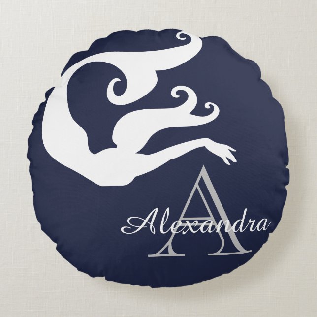 Almofada Redonda Marinho branco da Sereia personalizada monograma (Frente)