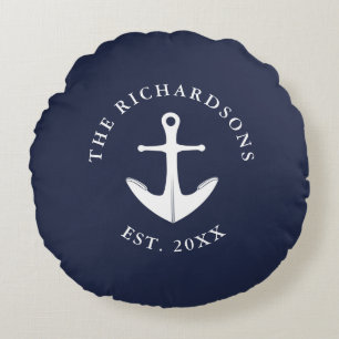 Almofada Redonda Marinho de Âncora Azul Personalizado Náutico