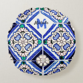 Almofada Redonda Marinho de Azulejos de Padrão Espanhol Azulejo Mon
