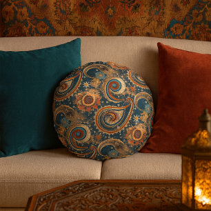 Almofada Redonda Marinho de padrão Celestial Paisley Blue & Dourado