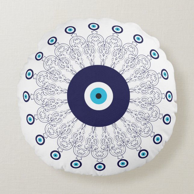 Almofada Redonda Marinho Mediterrâneo Aqua Blue Lucky Eye Mandala (Frente)