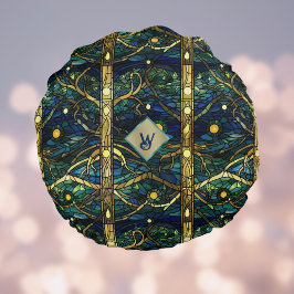 Almofada Redonda Marinho Teal e Floresta Dourada de Luar com Monogr