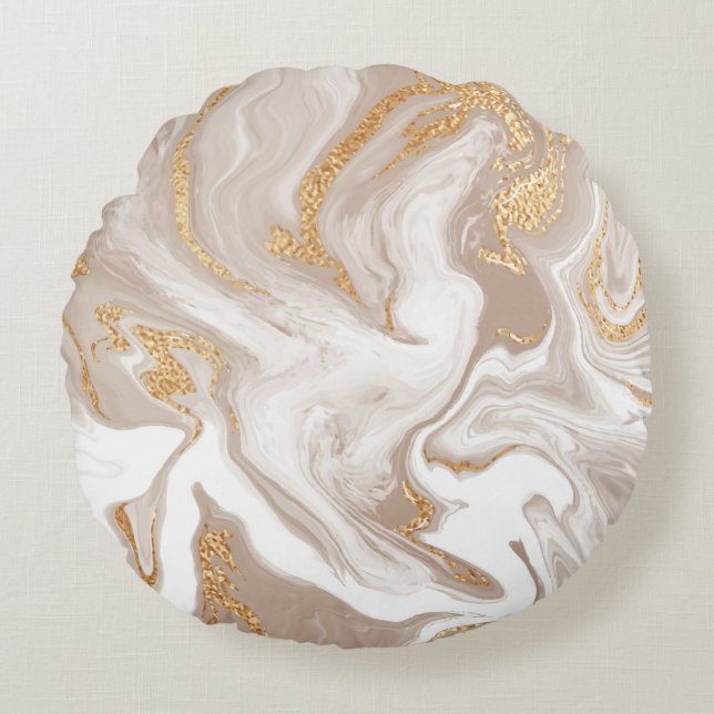 Almofada Redonda Mármore líquido bege, arte da linha de ouro. (Frente)