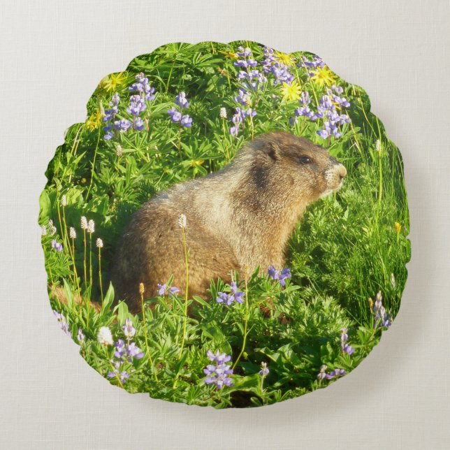 Almofada Redonda Marmota em Flores Silvestres do Monte Rainier (Frente)