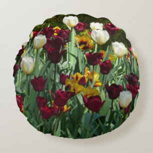 Almofada Redonda Maroon e Tulipas Amarelas Palidez Colorida