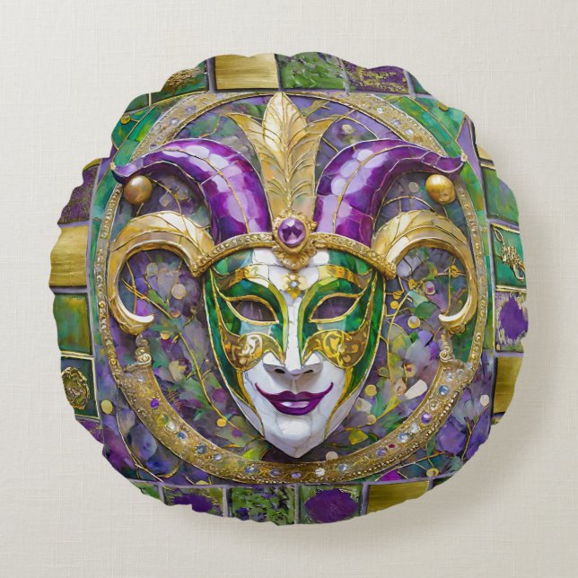 Almofada Redonda Máscara de Jester Mardi Gras Roxo Verde Dourado (Frente)