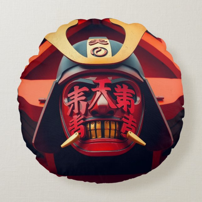 Almofada Redonda Máscara vermelha de samurai anime (Frente)