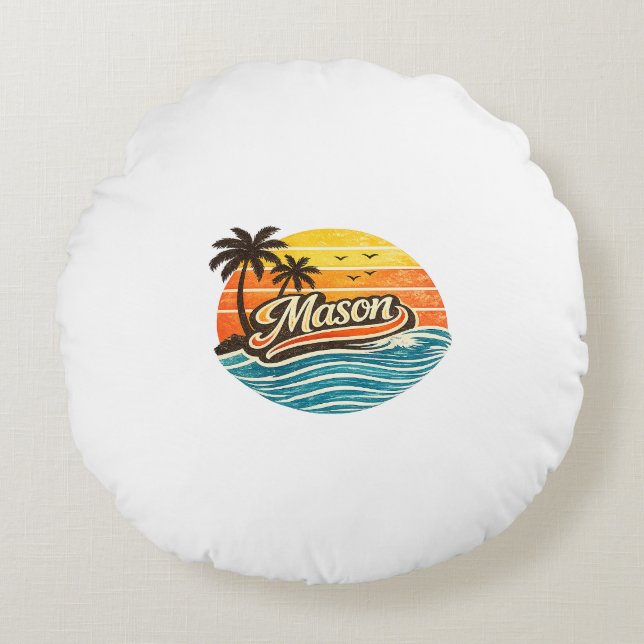 Almofada Redonda Mason Retro Sunset Name Design (Frente)