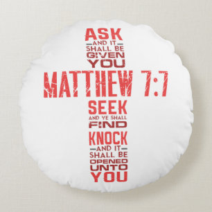 Almofada Redonda Matthew 7:7 Bíblia Verse Cross