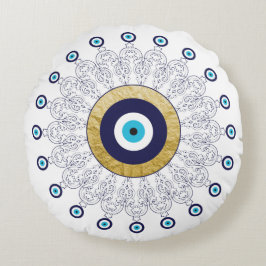 Almofada Redonda Mau Reversível Mandala em branco e azul Dourados