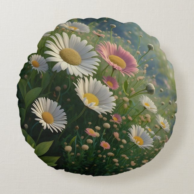 Almofada Redonda Meadow Whispers: Uma Sinfonia Daisy em Bloom (Frente)
