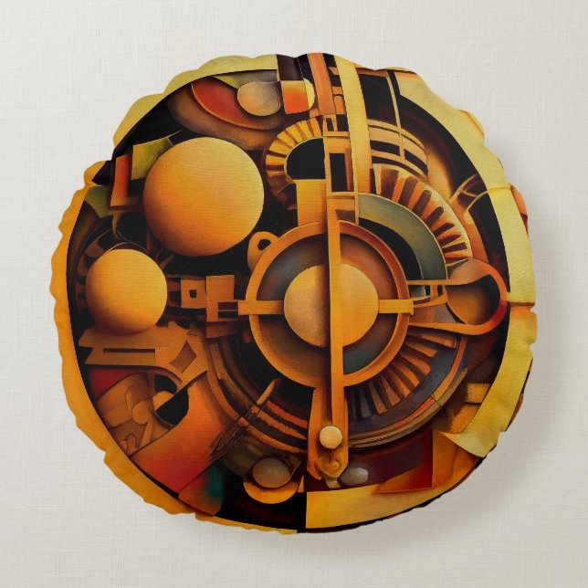 Almofada Redonda Mecanismo Dourado Abstrato Steampunk (Frente)