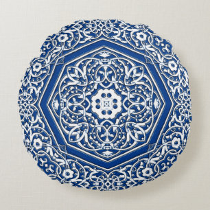 Almofada Redonda Medalhão no Padrão de Azulejo Persa - Azul e Branc