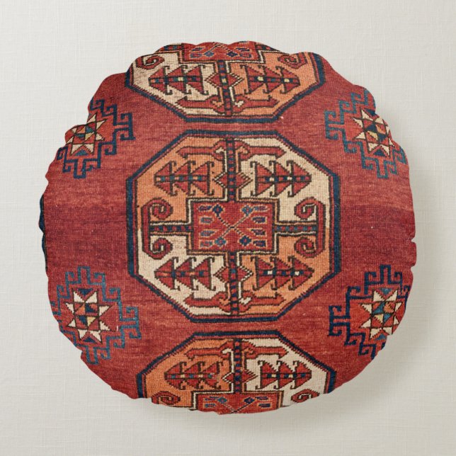 Almofada Redonda Medalhões do Turquestão Vermelho Laranja  (Frente)