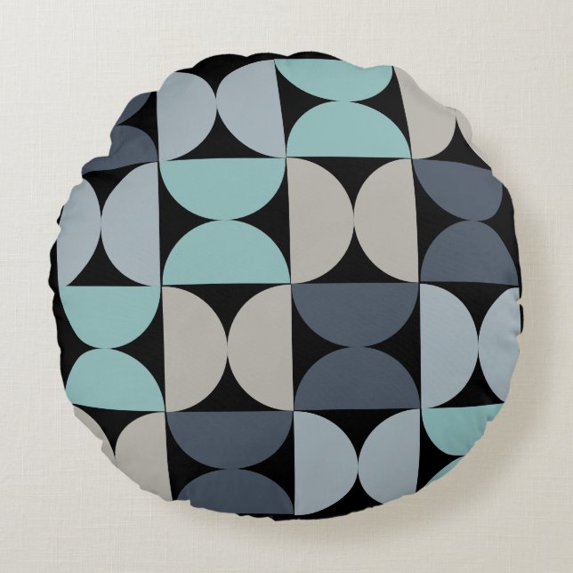 Almofada Redonda Médio século Verde azul moderno e cinzas (Frente)