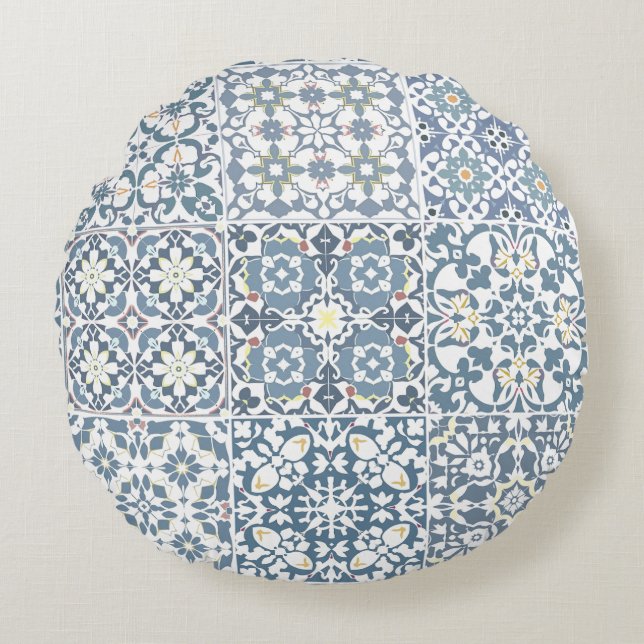Almofada Redonda Mediterranean Tiles, Moroccan, Majolica, Azulejo (Frente)
