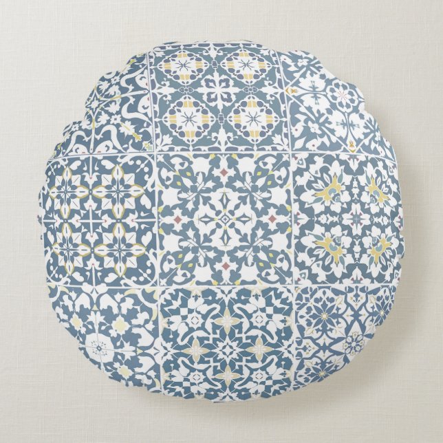 Almofada Redonda Mediterranean Tiles, Moroccan, Majolica, Azulejo (Frente)
