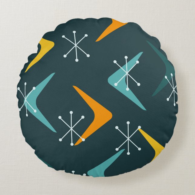 Almofada Redonda Meio século Boomerangs Starbursts Teal (Frente)