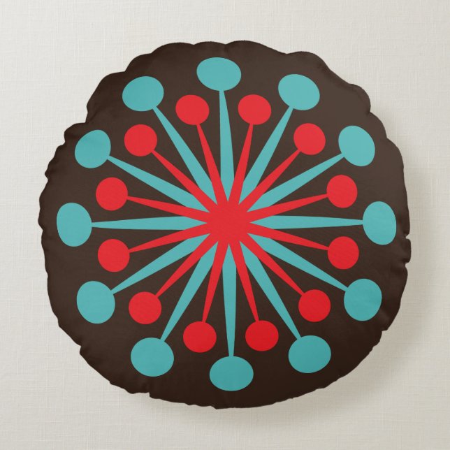 Almofada Redonda Meio século Starburst Red e Turquoise (Frente)