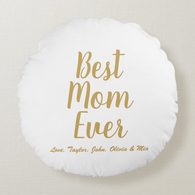 Almofada Redonda Melhor Mãe Nunca - Script personalizado em ouro pe (Frente)