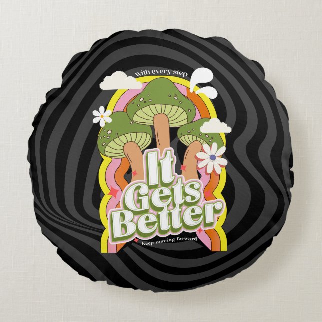 Almofada Redonda Melhora | Boas Vibes e Groovy se sentem personaliz (Frente)