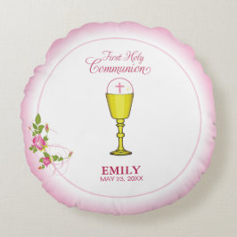 Almofada Redonda Menina Rosa Primeira Comunhão Sagrada, Chalice, An