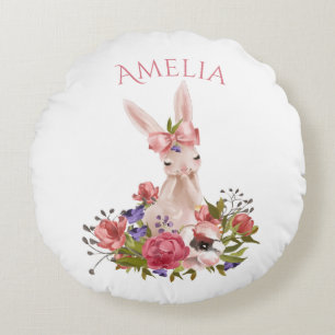 Almofada Redonda Menina Woodland Animal Pink Nome Floral Rosa