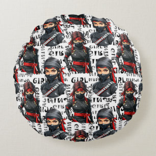 Almofada Redonda Meninas Ninja Anime Com Design De Padrão De Texto