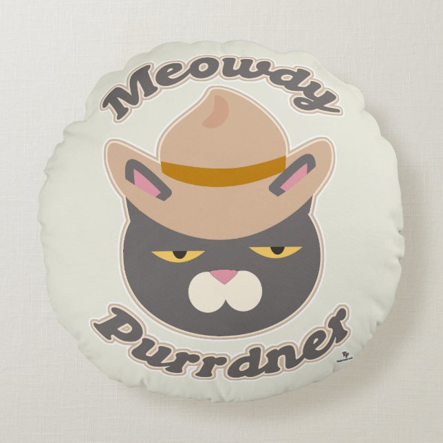 Almofada Redonda Meowdy Purrdner, Diversão De Cowboy Cat Toon Art (Frente)