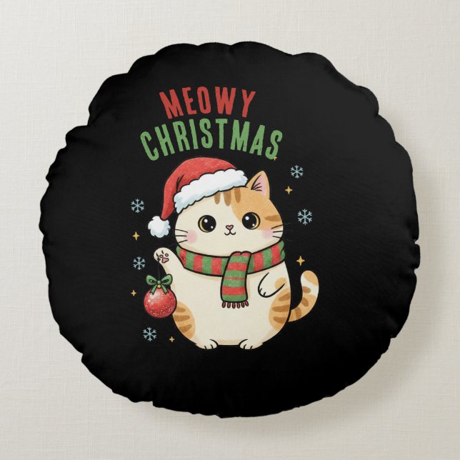 Almofada Redonda Meowy Christmas Cat – Festive Holiday Design (Frente)