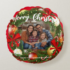 Almofada Redonda Merry Christmas Wreath Photo Personalized Family N