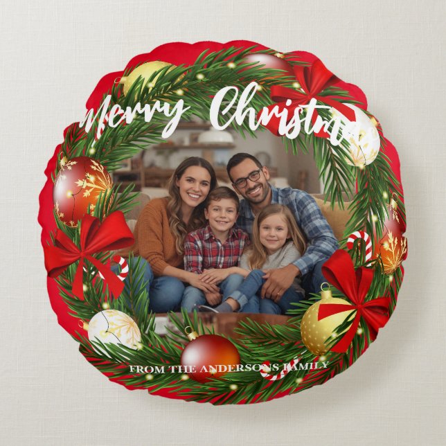 Almofada Redonda Merry Christmas Wreath Photo Personalized Family N (Frente)