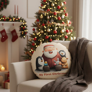 Almofada Redonda Meu Primeiro Natal Ursinho e Papai Noel Lindos
