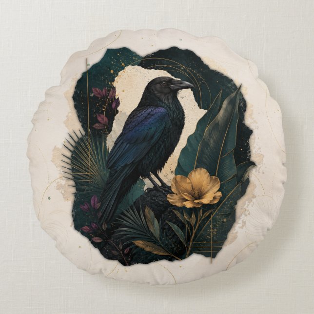 Almofada Redonda Midnight Botanical Raven (Frente)