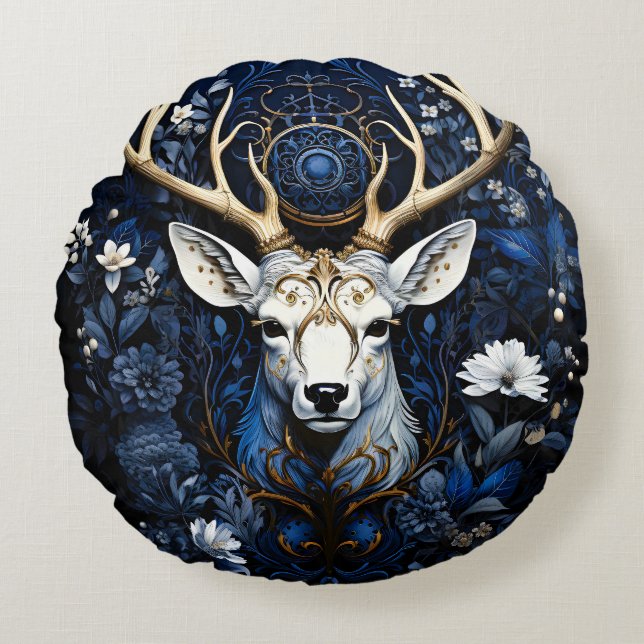 Almofada Redonda Midnight Celestial Floral Gothic Deer  (Frente)