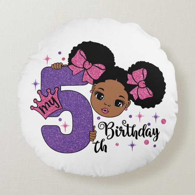 Almofada Redonda Minha 5 Birthday Black Girl Glitter Princess Desig (Frente)