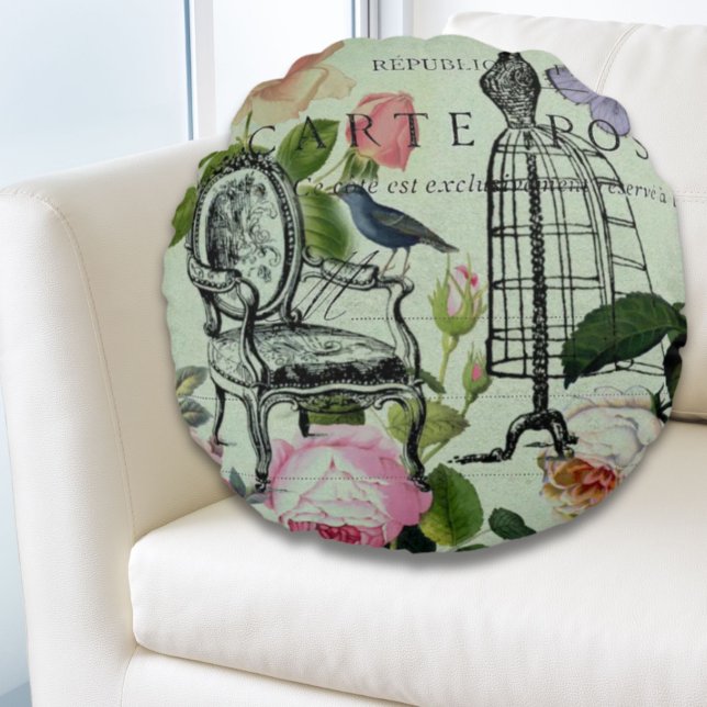 Almofada Redonda minhoca vintage moderna borboleta rosa (mint modern vintage french rose butterfly paris round pillow)