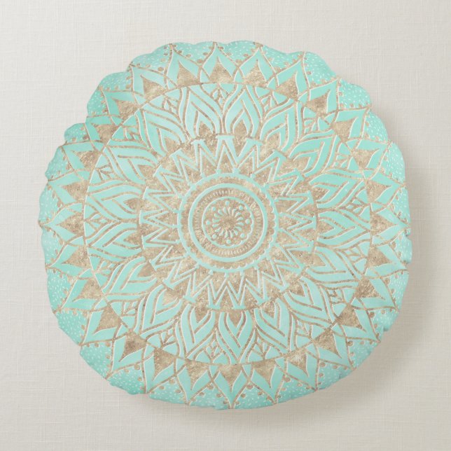 Almofada Redonda Mint e gold mandala (Frente)