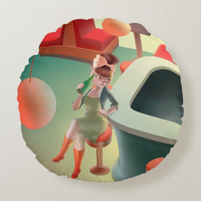 Almofada Redonda Miss Meow: Bar Retro para a Noite e Arte de Coquet (Frente)