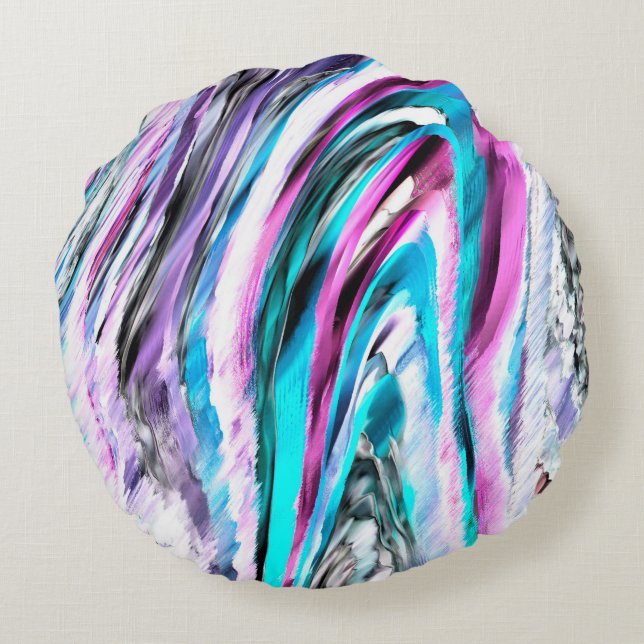 Almofada Redonda Mistura de gradiente e garoa, ciano e rosa (Verso)