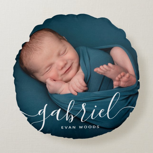 Almofada Redonda Modelo de nome de bebê com foto personalizada (Frente)