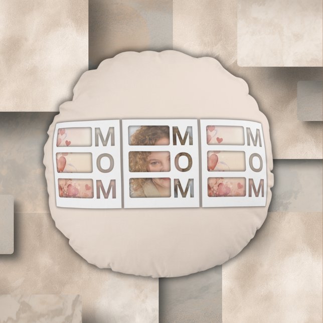 Almofada Redonda Modern 3 Photo Grid Mom Birthday Keepsake (Criador carregado)