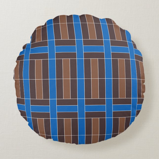 Almofada Redonda Modern Blue and Brown Geometric Plaid Pattern | (Frente)