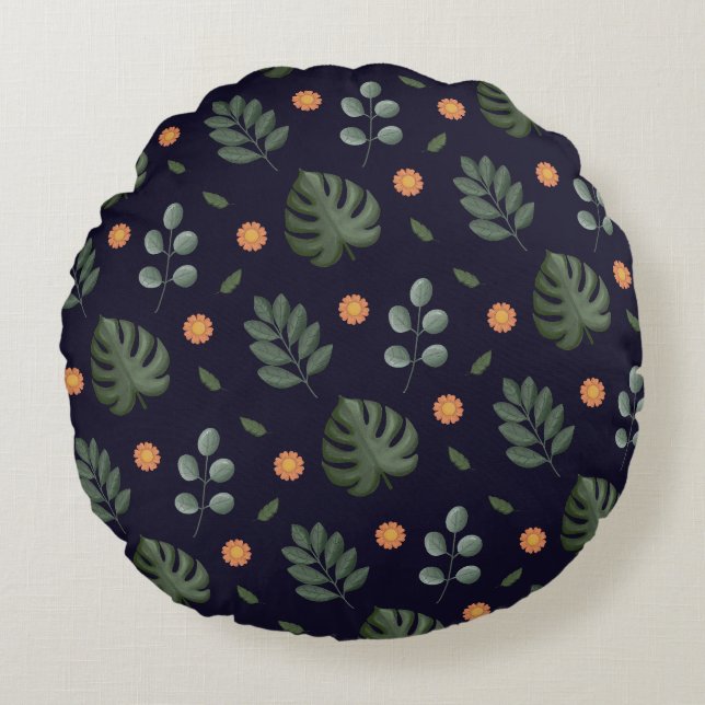 Almofada Redonda Modern Navy Blue Botanical Leaf Round Pillow (Frente)