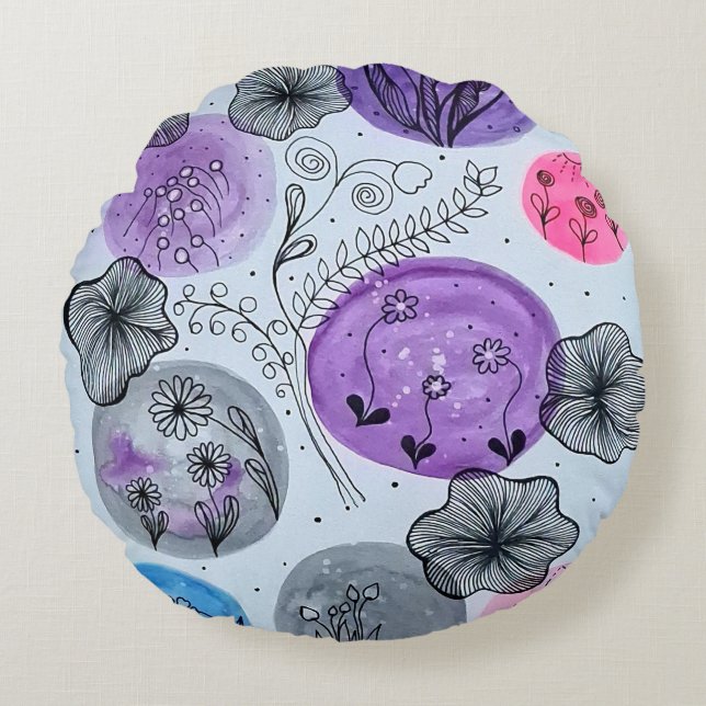 Almofada Redonda Modern Whimsical Botanical Round Throw Pillow (Frente)